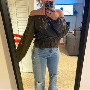 Large H&M off the shoulder elastic waist green top